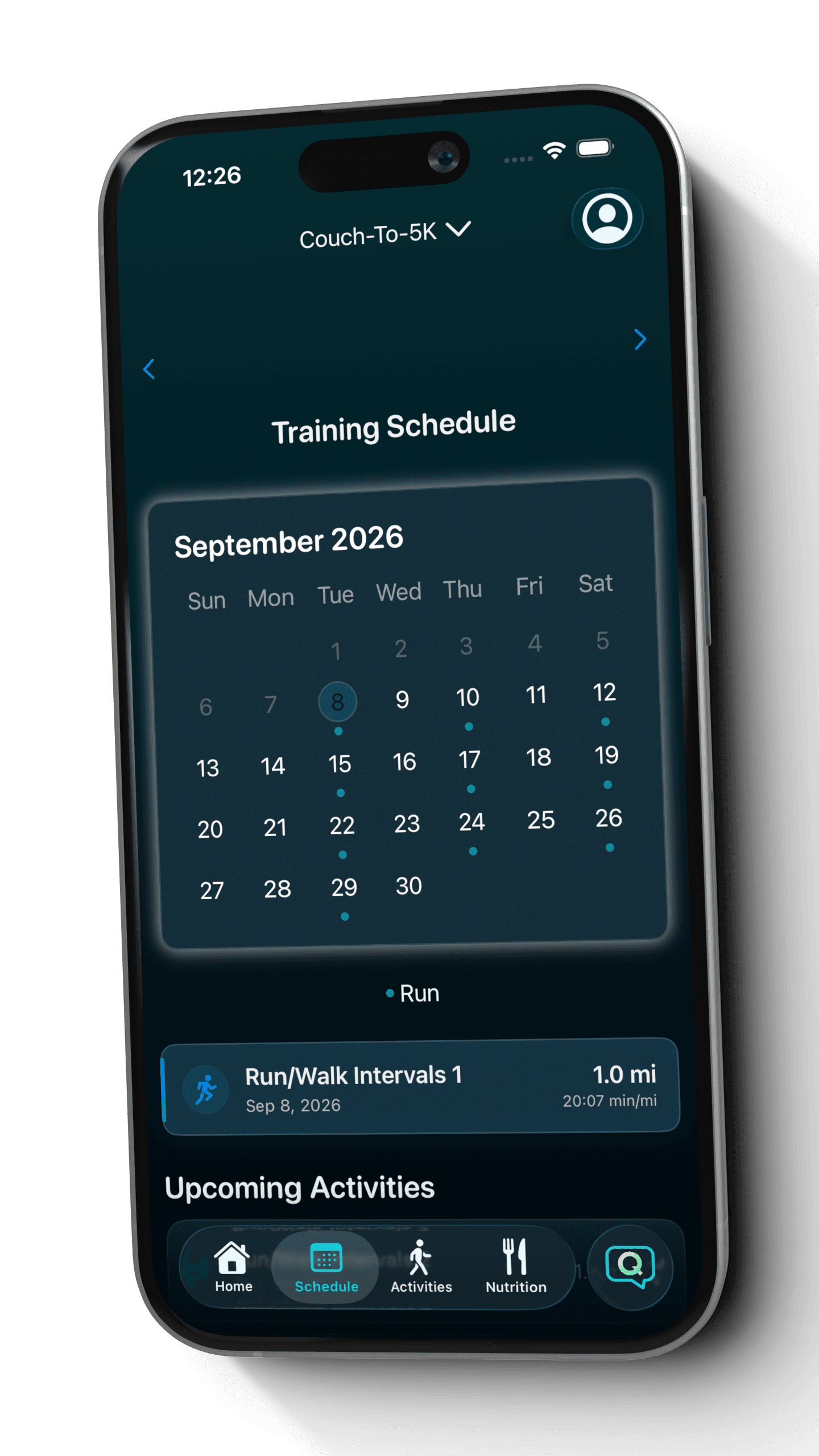 Quovi Couch-To-5K calendar with a scheduled Run/Walk Intervals workout