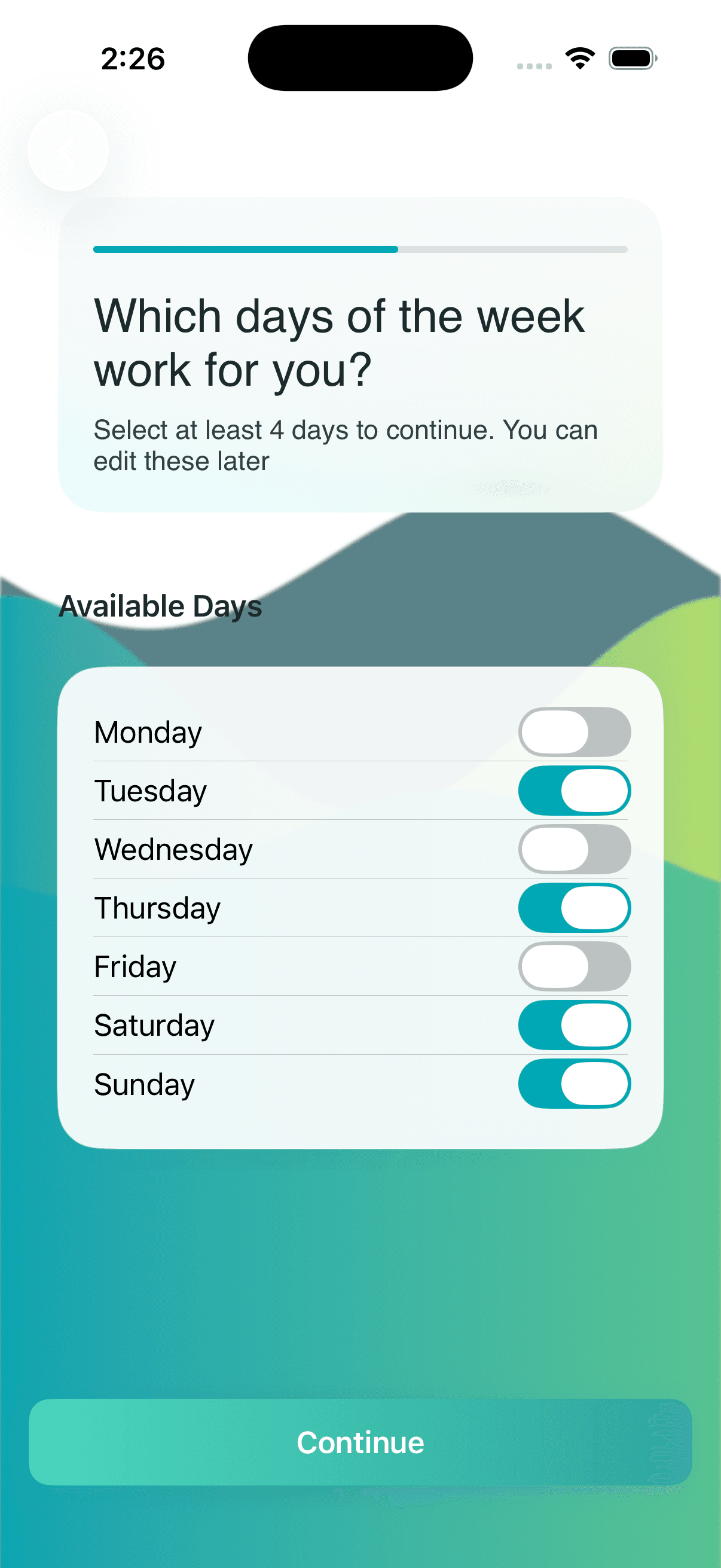 Quovi training-day selection for a fictional 10K runner, with Tuesday, Thursday, Saturday, and Sunday enabled