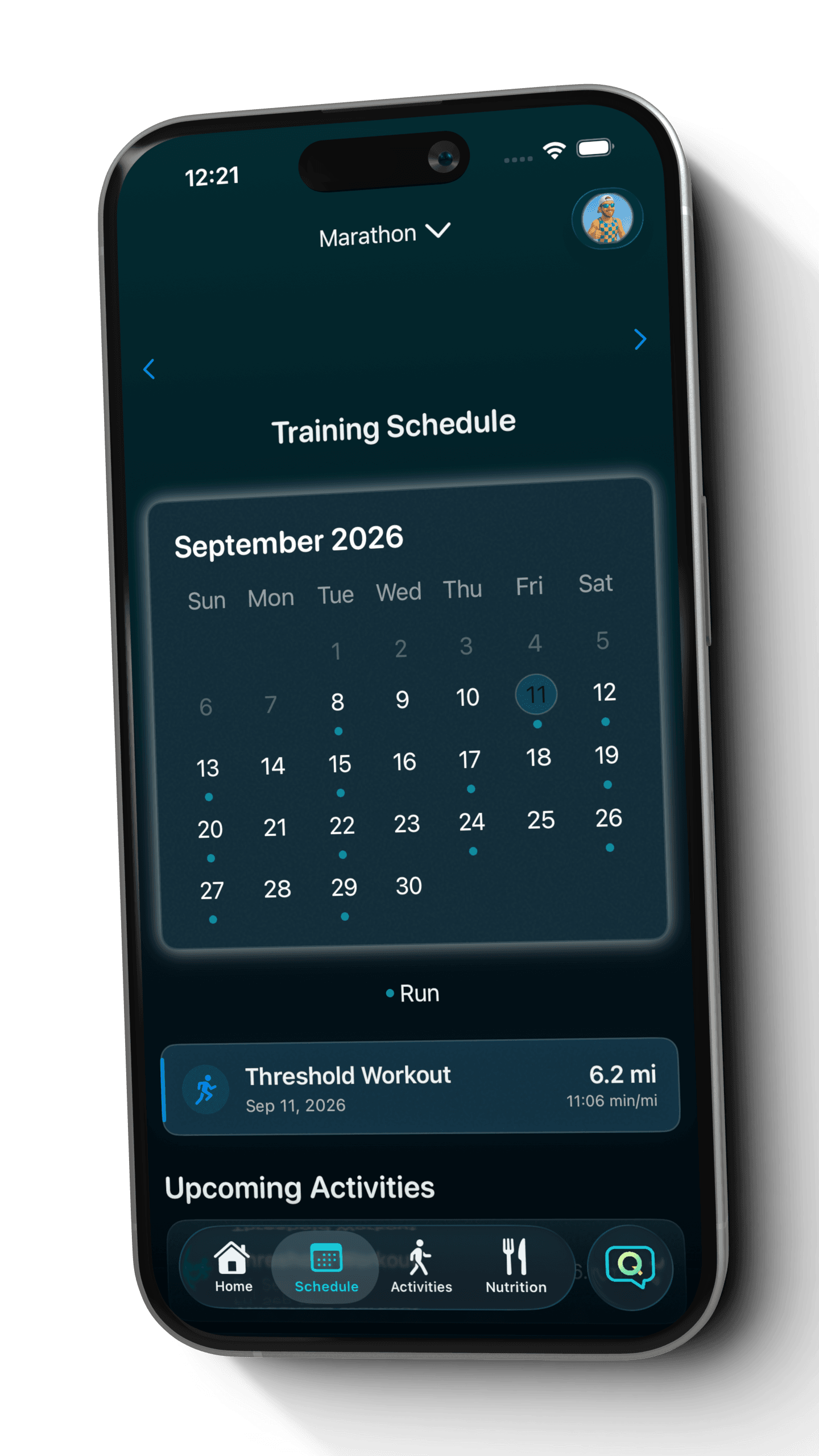 Saved Quovi marathon calendar showing the moved Threshold Workout on Friday, September 11