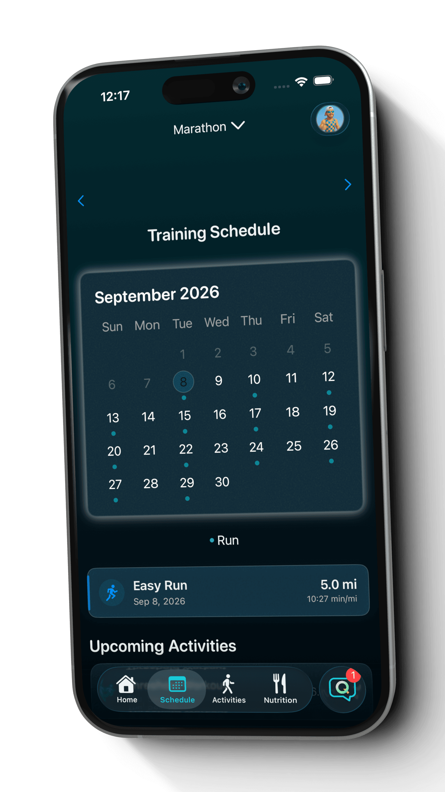 Example Quovi marathon calendar before a schedule adjustment, with an easy run selected